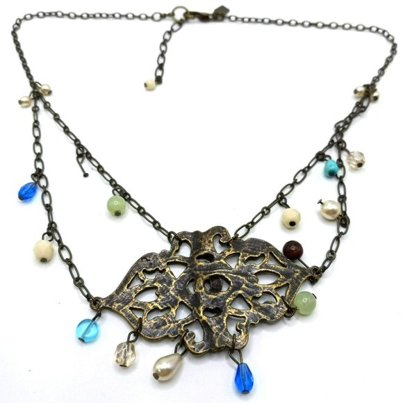 Rachel Roy Boho Art Deco Filigree Style Statement Necklace Bronze Tone Beads - Picture 4 of 5